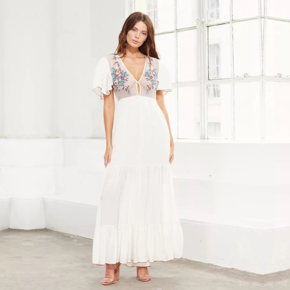 White Cleo Cotton Boho Maxi Dress W/Side Slits Hand Embroidered Stitch Coverup - Picture 5 of 8